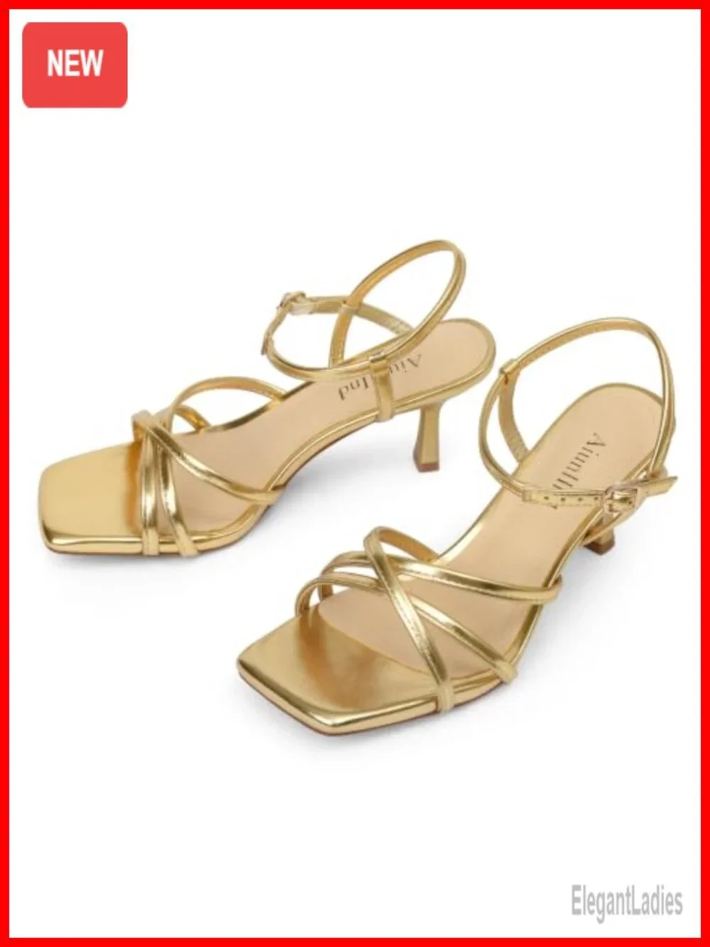Strappy Square Open Toe Kitten Heel Sandals 2.5 Inch Ankle Strap Faux Leather